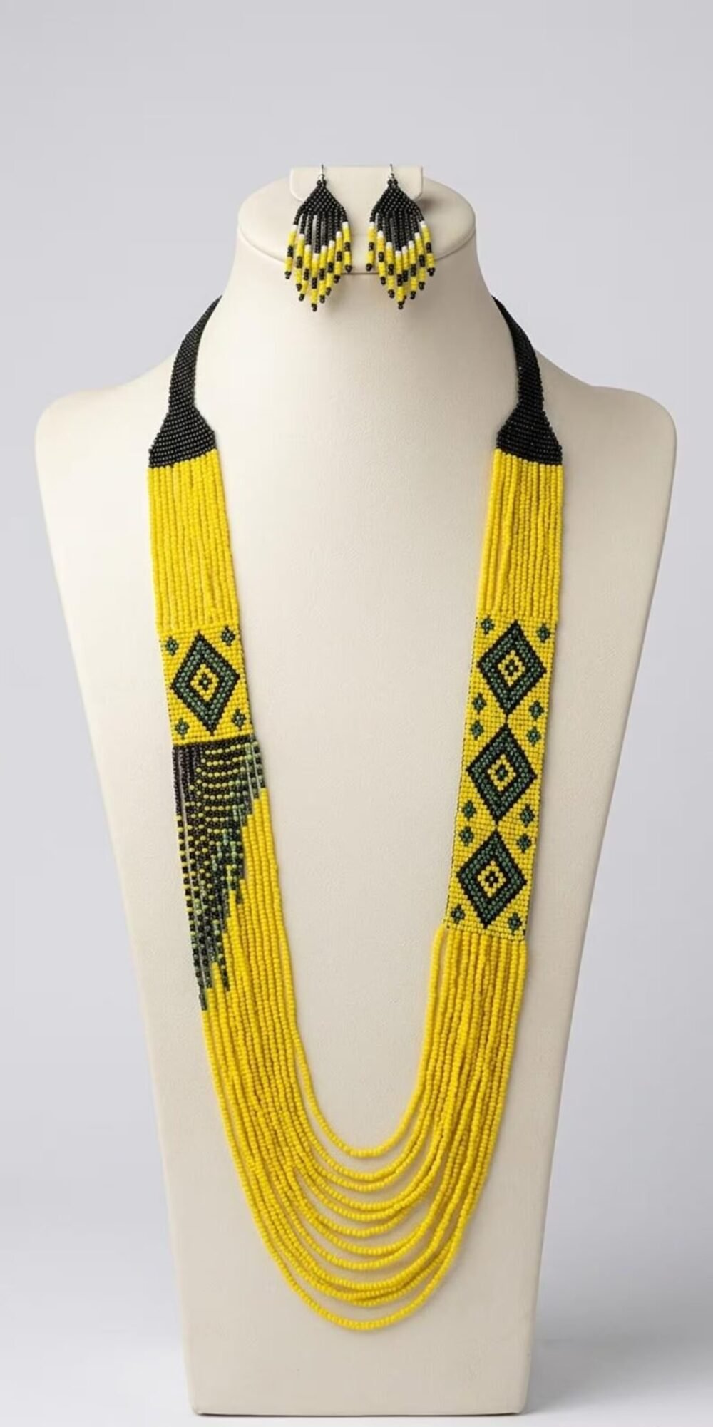 Handmade Yellow Black Beaded Statement Necklace and Earrings Set