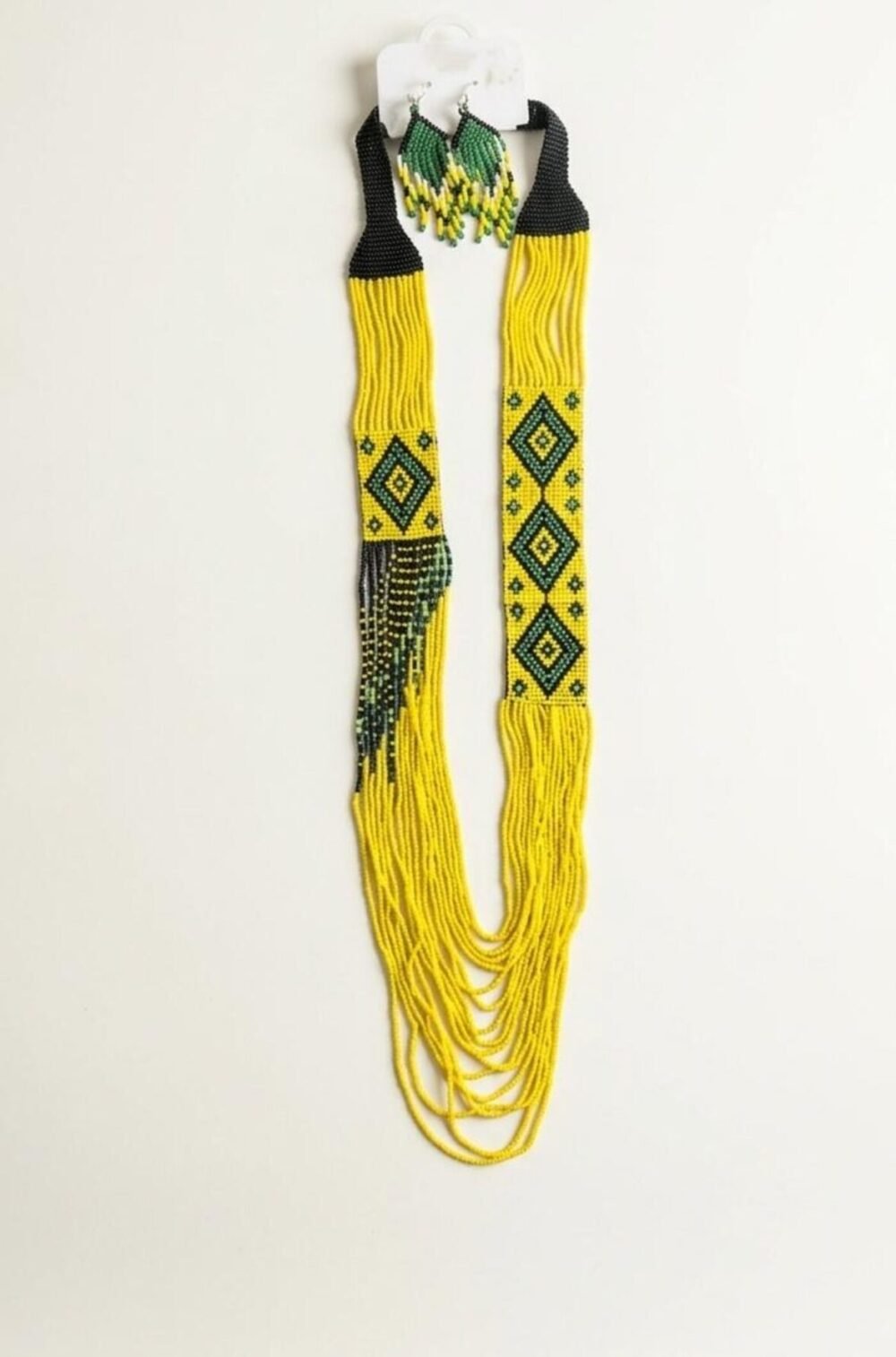Handmade Yellow Black Beaded Statement Necklace and Earrings Set