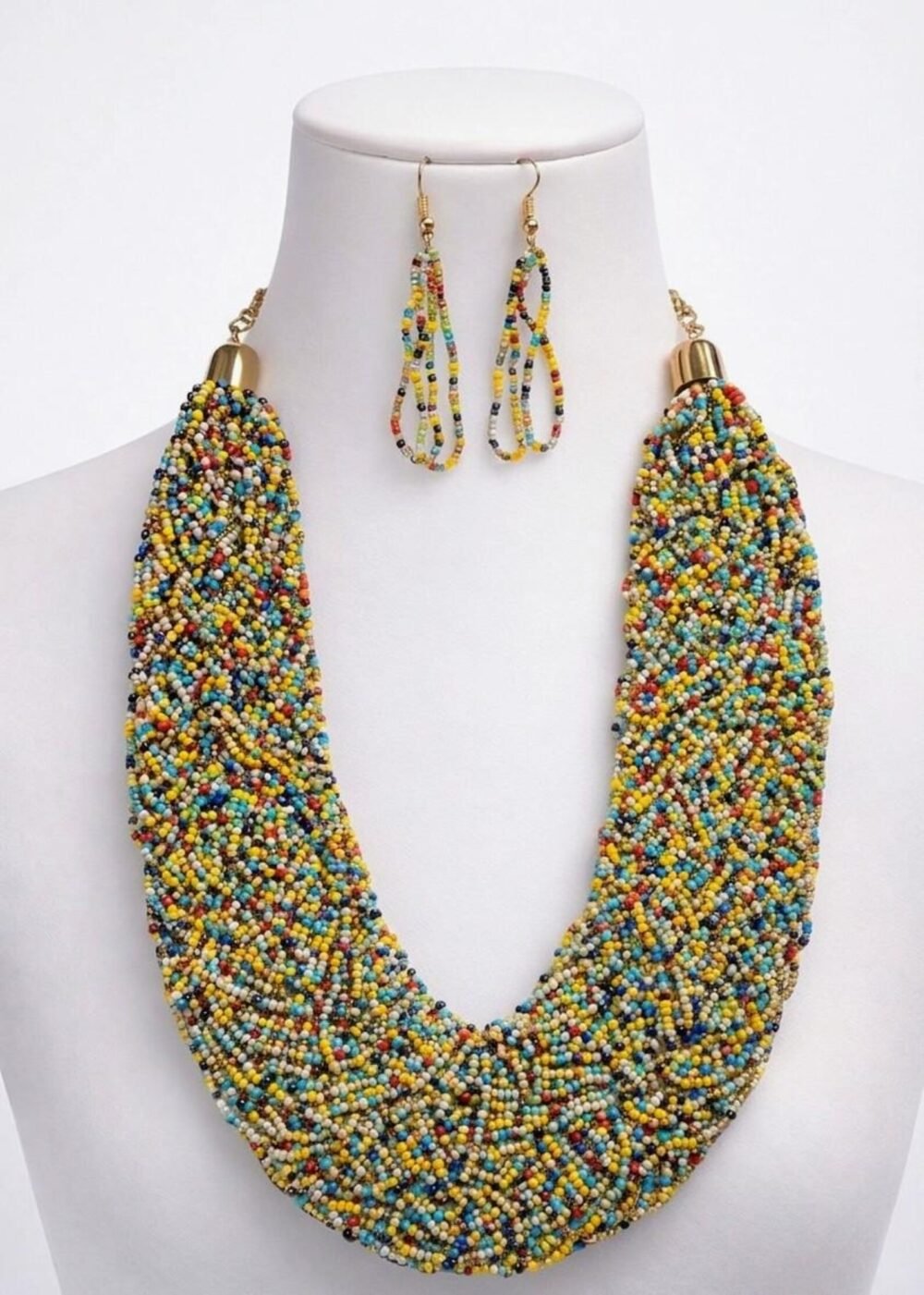 African Beaded Necklace Set-Multicolor Statement Jewelry-Handmade Seed Beads-Gift for Women