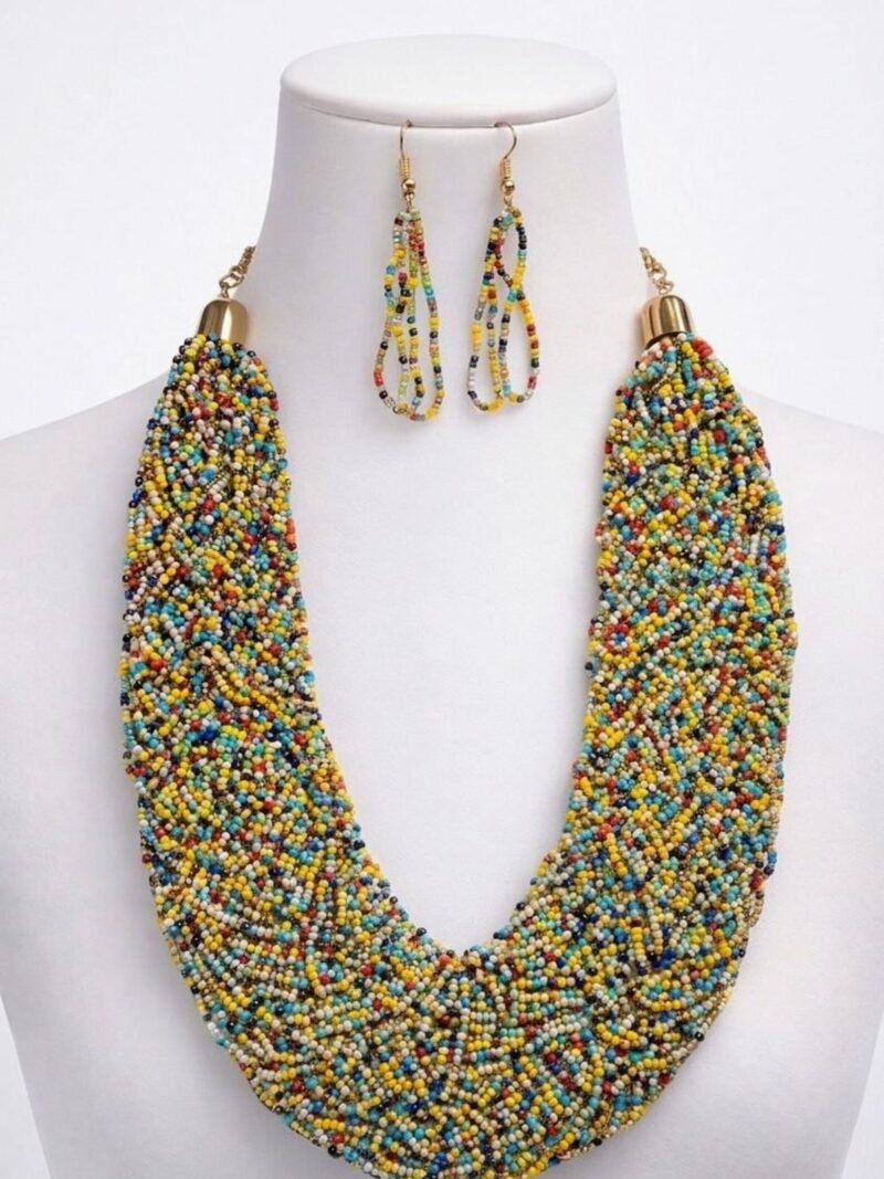 African Beaded Necklace Set-Multicolor Statement Jewelry-Handmade Seed Beads-Gift for Women