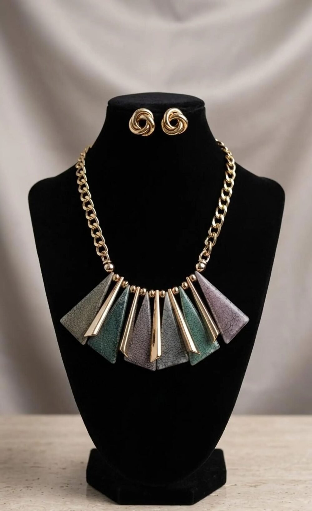 Bold Geometric Pendant Necklace Set | Gold Tone African Style Jewelry