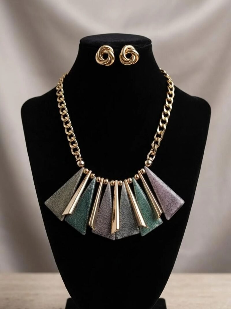 Bold Geometric Pendant Necklace Set | Gold Tone African Style Jewelry