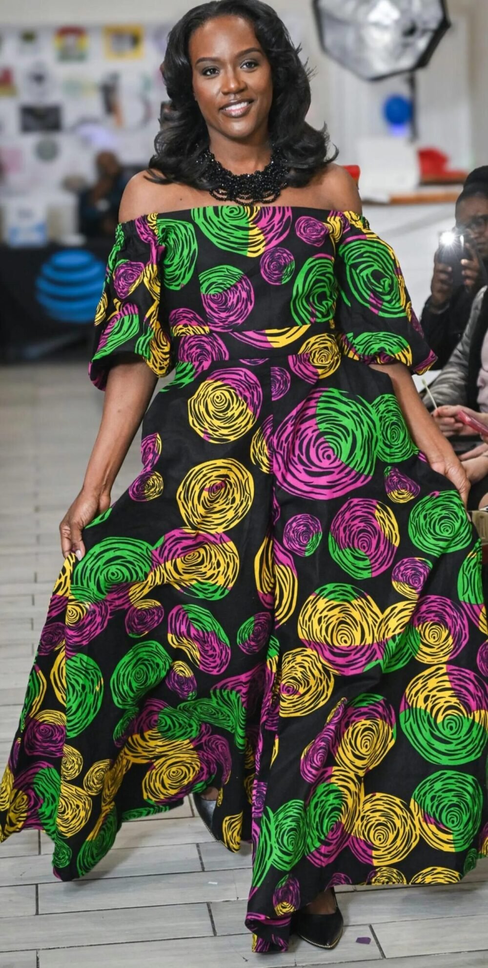 Ankara Print Wide Leg Jumpsuit | Off Shoulder Puff Sleeve Outfit, Matching Earrings