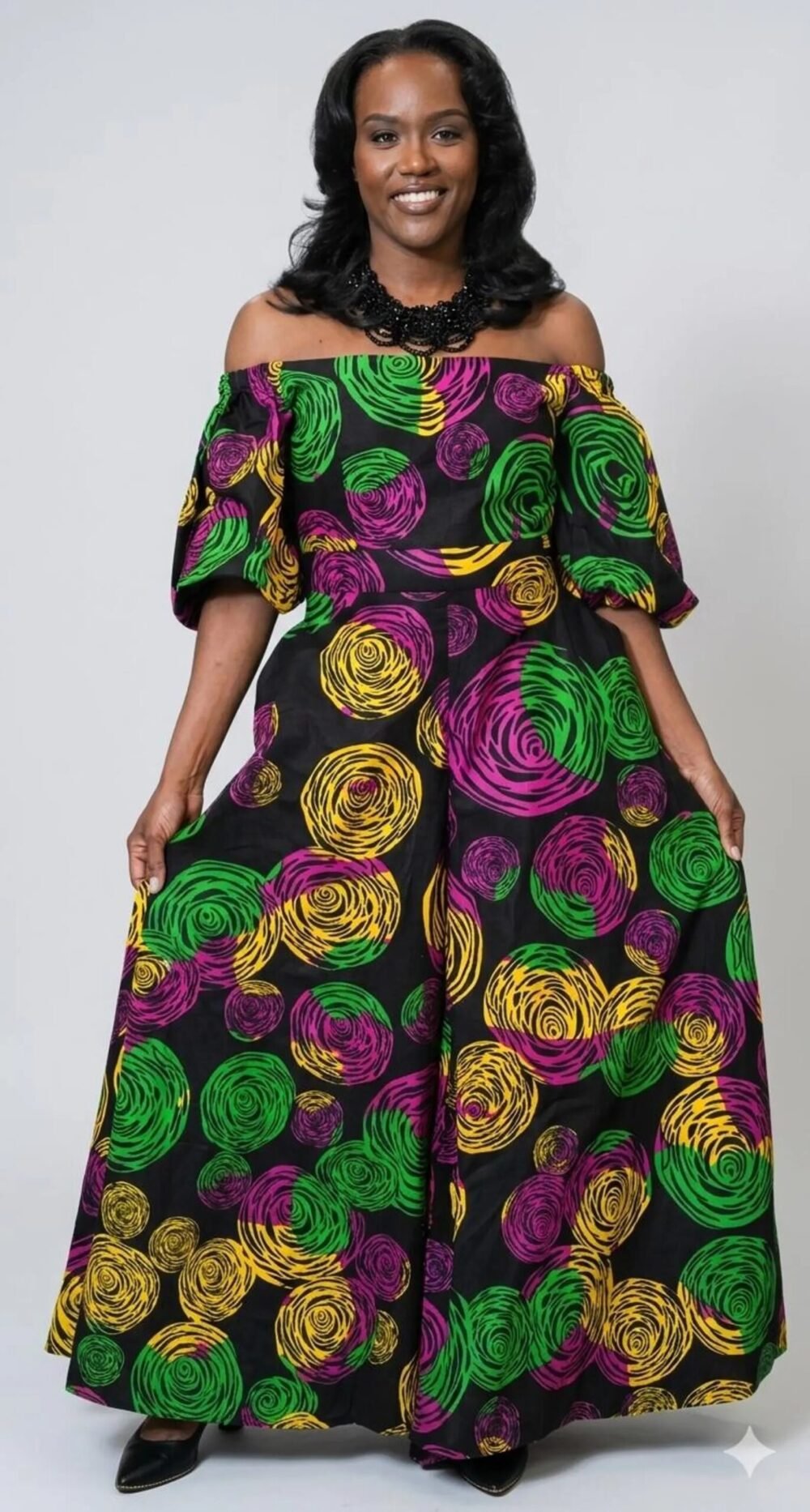 Ankara Print Wide Leg Jumpsuit | Off Shoulder Puff Sleeve Outfit, Matching Earrings