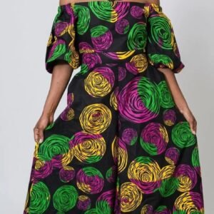 Ankara Print Wide Leg Jumpsuit | Off Shoulder Puff Sleeve Outfit, Matching Earrings