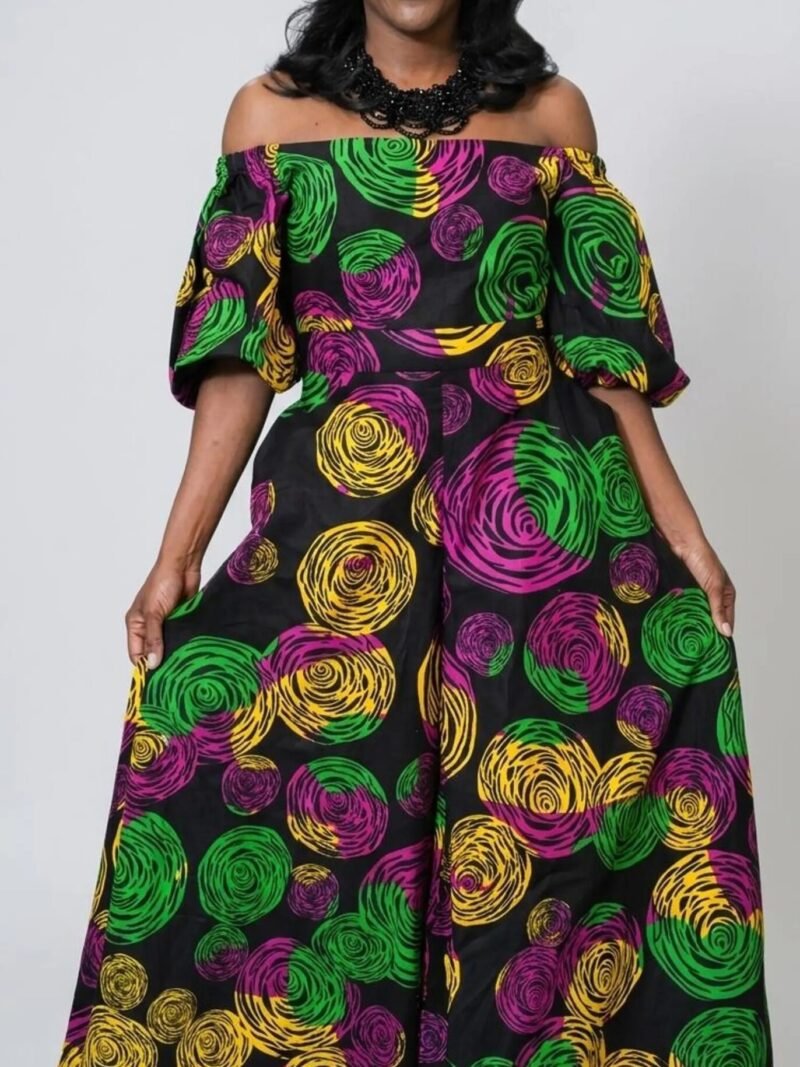 Ankara Print Wide Leg Jumpsuit | Off Shoulder Puff Sleeve Outfit, Matching Earrings